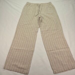 Land 'N Sea Tan White Pinstripe Linen Blend Wide Leg Drawstring Pant Medium NWOT